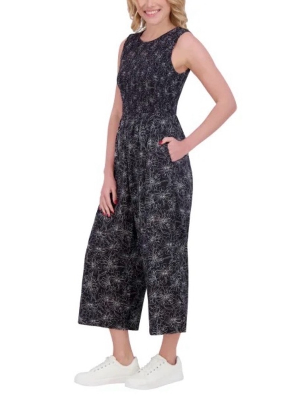 NWT Andrew Marc Black Floral Sleeveless Wide-Leg Smoked Bodice Jumpsuit Sz XL